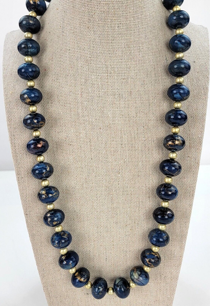 Vintage Gold And Blue Beaded Necklace 24 in Spring Ring Clasp