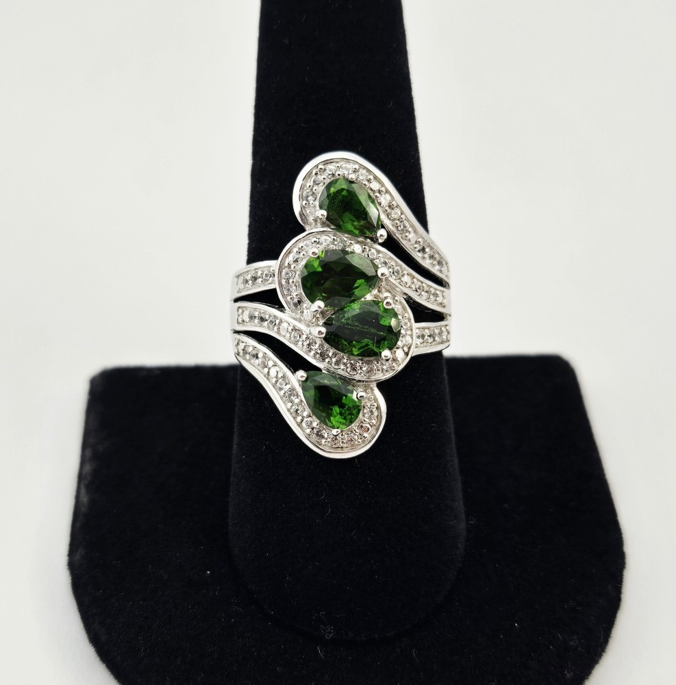 Sterling Silver 925 Green Gemstone Swirl Wave Pear Oval Cluster Ring Size 8 – 7g
