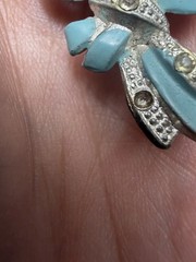 VTG Blue Moonglow Pot Metal Flower Bouquet Brooch Enamel 3″ Rhinestone Art Deco