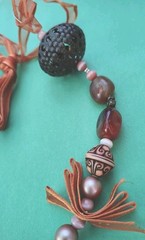 Vintage Lucite ROSE, AMBER STONE, Pink Cat’s Eye Beaded Necklace W/ Ribbon Tie