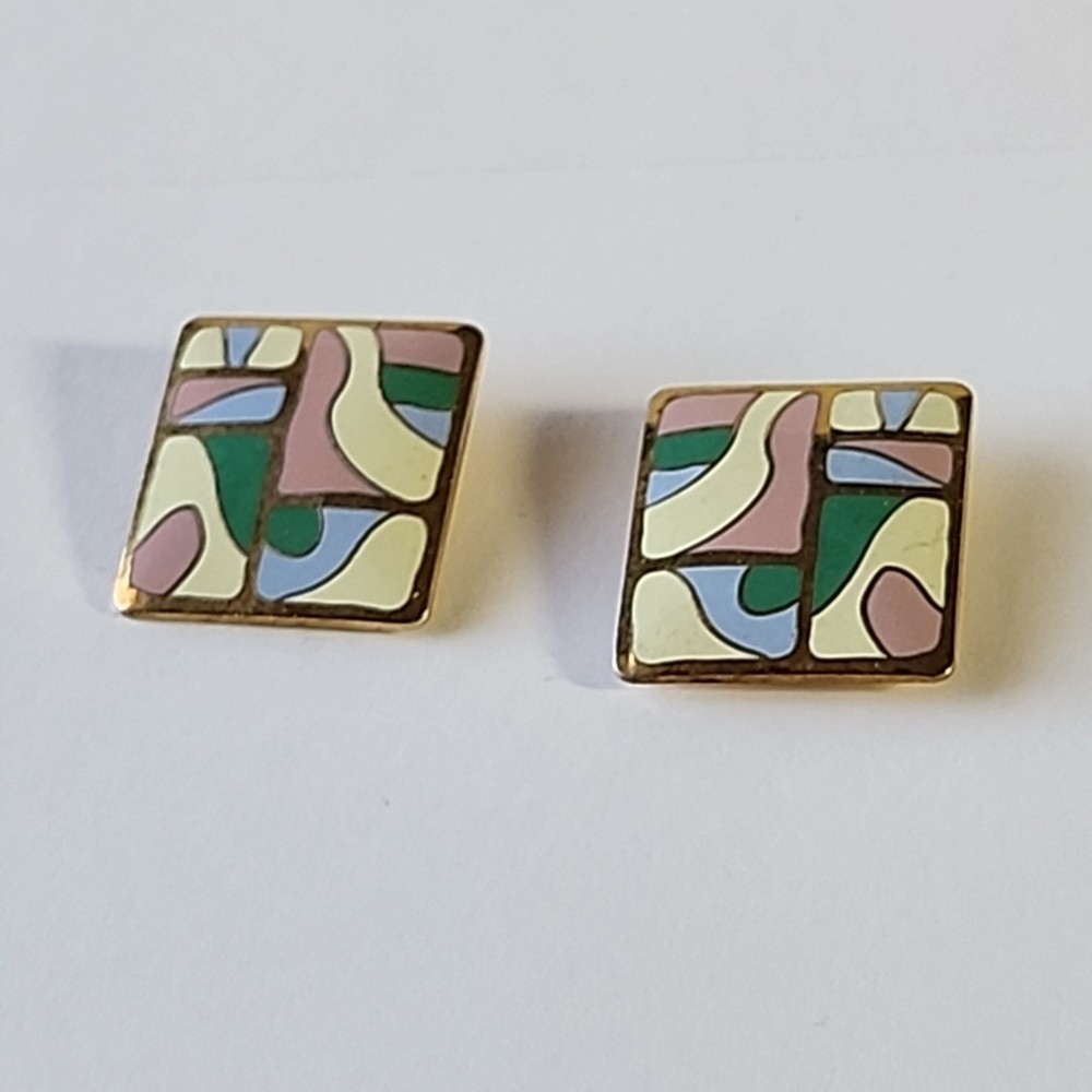 Vintage Clip On Earrings Enamel Retro Samuel Huang Cloisonné Artsy Pastel Square