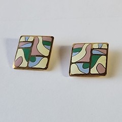 Vintage Clip On Earrings Enamel Retro Samuel Huang Cloisonné Artsy Pastel Square