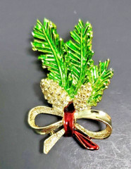 Enamel Pine Cone Fir Branch Bow Holiday Christmas Pin Brooch Gerrys Goldtone 2″