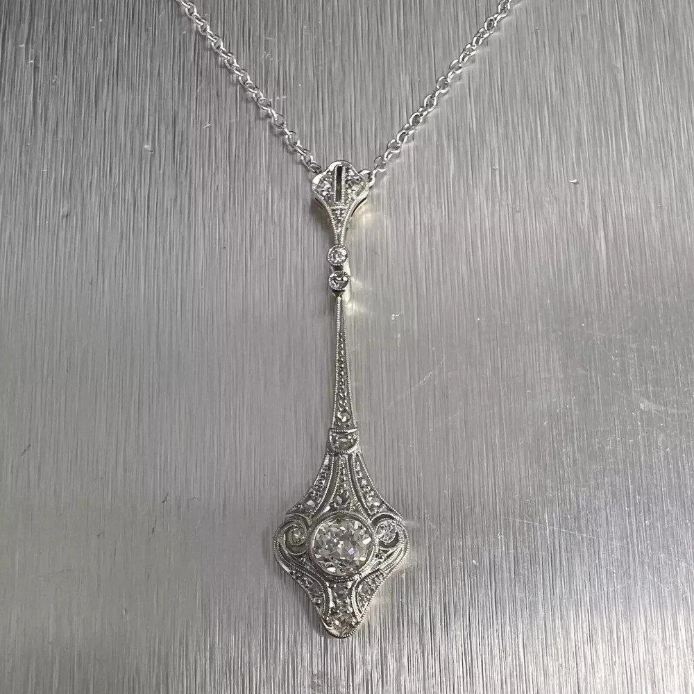 Art Deco Vintage Style Round 2Ct Lab Created Diamond 14K White Gold FN Pendants