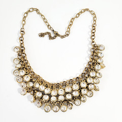 Gold Tone Statement Bib Necklace 18″ With Faceted Bling Clear Rhinestones