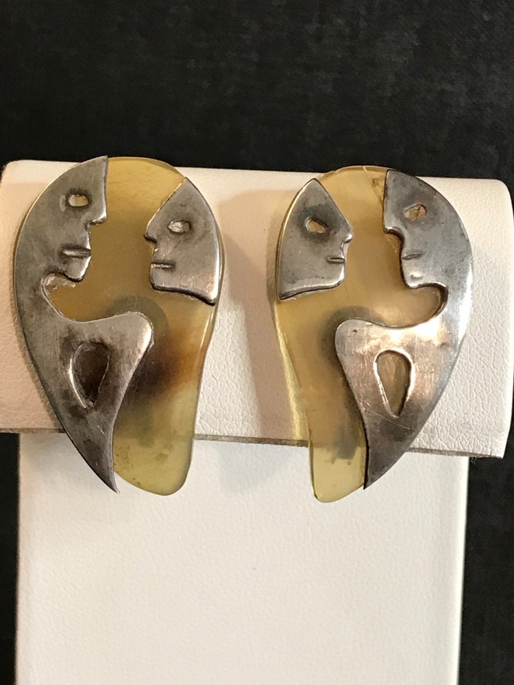 Vtg Sterling Silver & Horn or Lucite Modernist Man Woman Screw Earrings Mexico