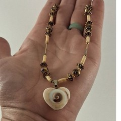 Artisan Beaded Choker with Natural Shell Pendant and Metal Beads 1970s – 1990s
