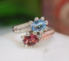 Estate 14K White Gold Toi et Moi Pink Tourmaline Blue Topaz Ladies Diamond Ring