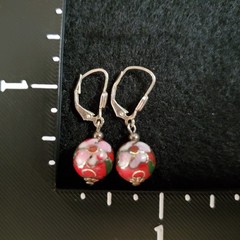Vintage Cloisonne Earrings Dangle Floral Sterling Silver Red Pink 10mm Bead
