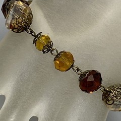Glass Bead Bracelet Antique Gold Tone Yellow Red Faceted Surface Coated 7.25