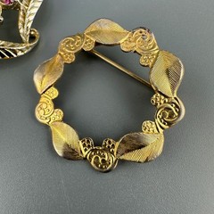 Vintage Wreath Brooch Lot Gold Tone Faux Seed Pearl Pink Stones Textured Brushed