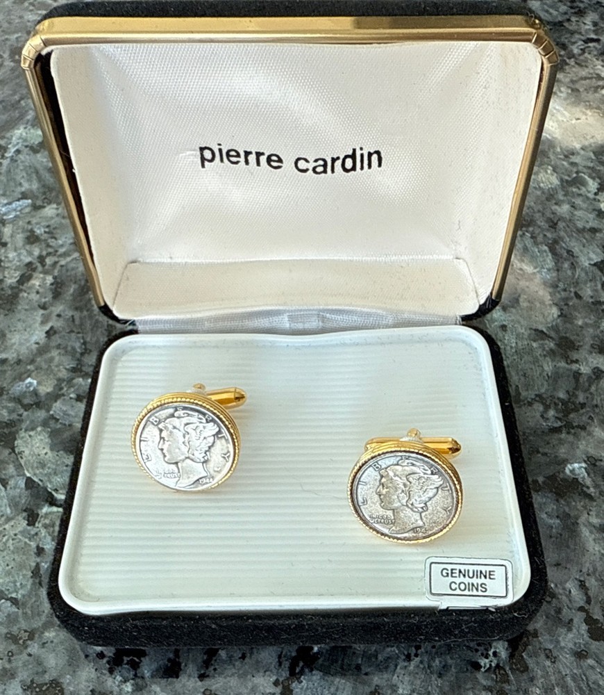 Vtg Silver Mercury Dime Coin Cufflinks Winged Liberty Head Gold Tone Rope Frame