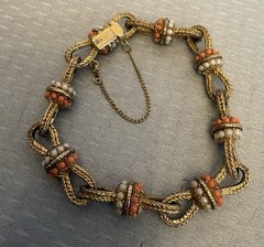 60s Vintage Bracelet Goldtone Faux Coral Seed Pearl Rope Open Knot Links 6.5″