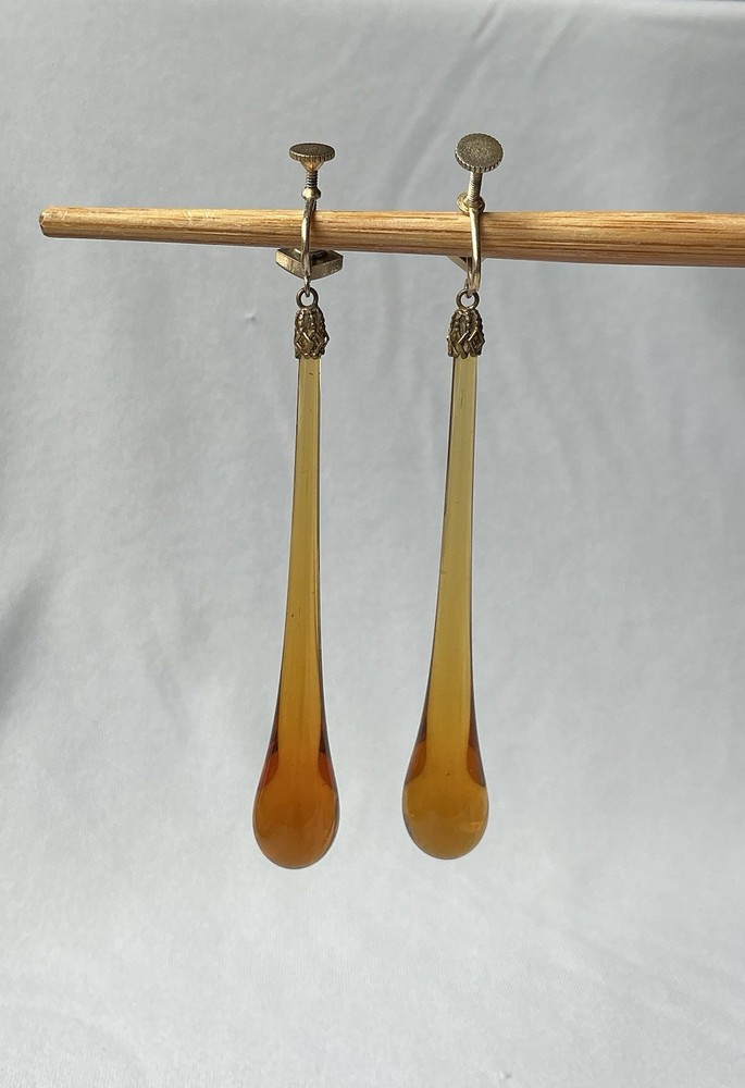 Antique Art Deco Amber Glass Long Teardrop Dangle Screwback Earrings 16g