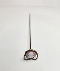 Antique 6.25″ Pink and White Shell Portrait Cameo Hat Pin Set in Brass
