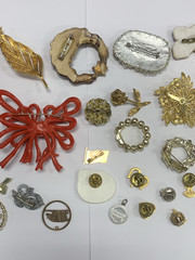 Vintage Estate 36pc Jewelry Lot Brooches Pins Celluloid Metal Stones Religious