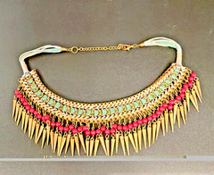 Vtg Egyptian-style Spiked BIB necklace W/ Copper Tone Spikes Pink & Green Beads