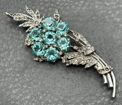REJA Sterling Pave Rhinestone Unfoiled Faux Aquamarine Chatons Spray Flower Pin