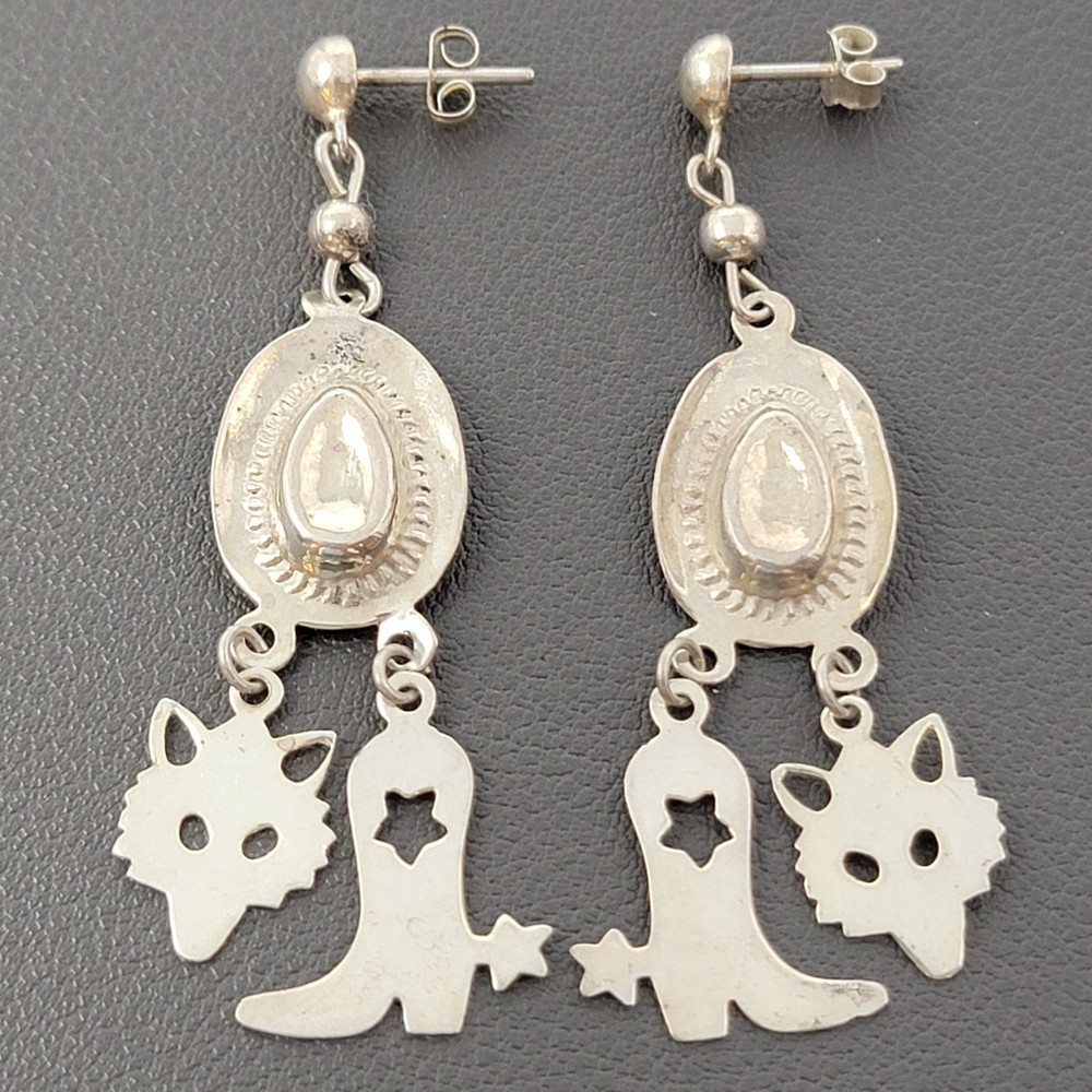 Vintage Sterling Silver Cowboy Hat Dangle Earrings Western Cowgirl Boot