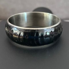 Vintage 80s Black Enamel Silver Tone Bangle Bracelet Chunky Dome Modernist Gift