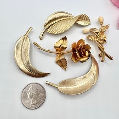 Vintage Flower Pins Leaf Pins Rose Bouquet Fall Autumn Fall Gold Tone Luxe Glam