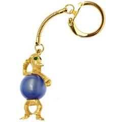 Vintage Edlee Keychain Gold Tone Rhinestone Duck Blue Moonglow Lucite Belly