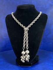 Vtg Silver Tone Metal Rope Bolo Slide Ball Tassel Bold Lariat Statement Necklace