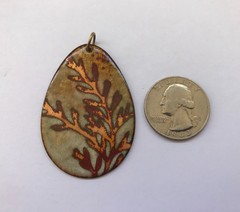 Copper & Rust Fern Leaf Stems on Tan/Green Enamel over Copper Oval MCM Pendant