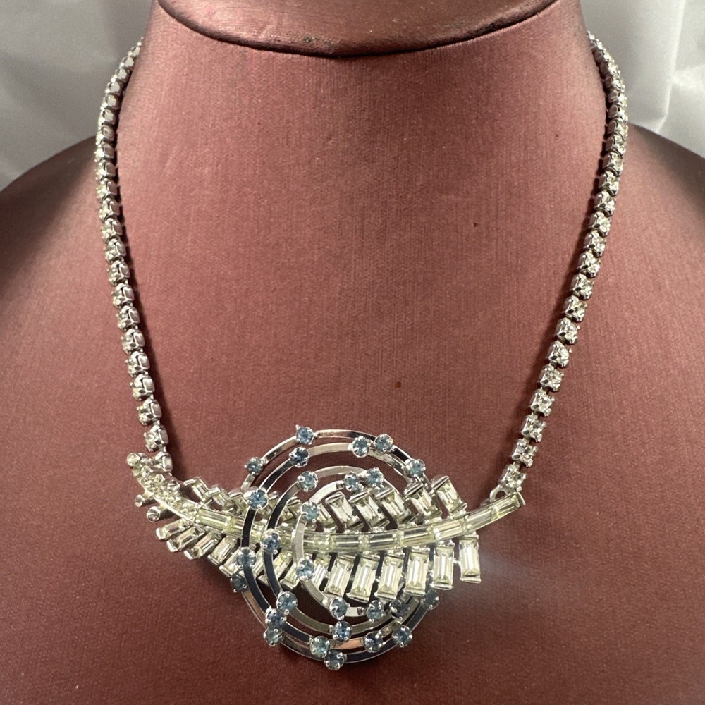 Mazer ? Vintage Baguette Diamond-Like Clear & Blue Rhinestone Necklace Stunning
