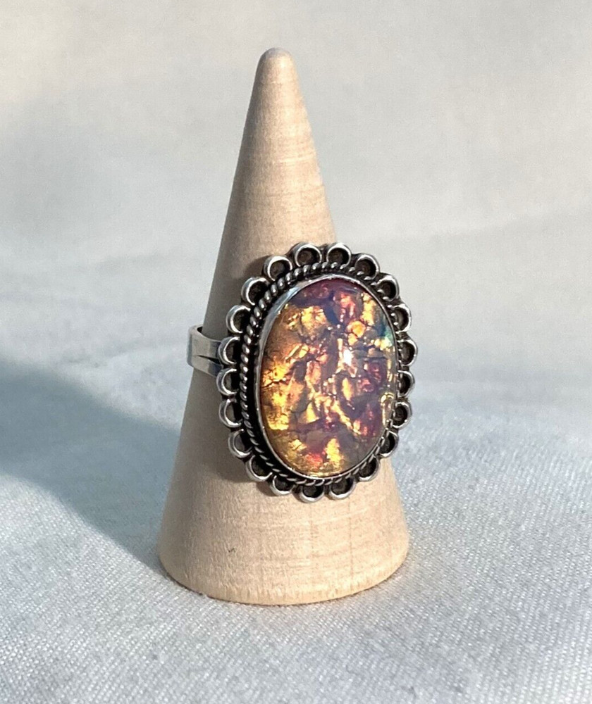 Vintage Mexico FCP 925 Sterling Silver Simulated Fire Opal Ring Size 6