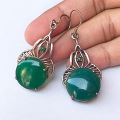 Vintage 925 Sterling Silver Mixed Green Malachite Earrings Drop 4.5 cm