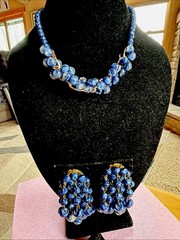VINTAGE SET WEST GERMANY ART GLASS BLUE LAPIS WATERFALL EARRINGS NECKLACE