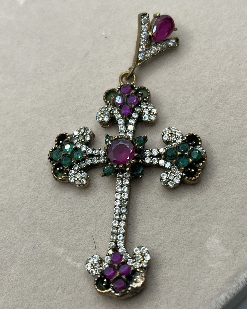 Antique Simulated Green Emerald Cross Pendant Sterling Silver & Gold 14g