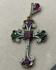 Antique Simulated Green Emerald Cross Pendant Sterling Silver & Gold 14g