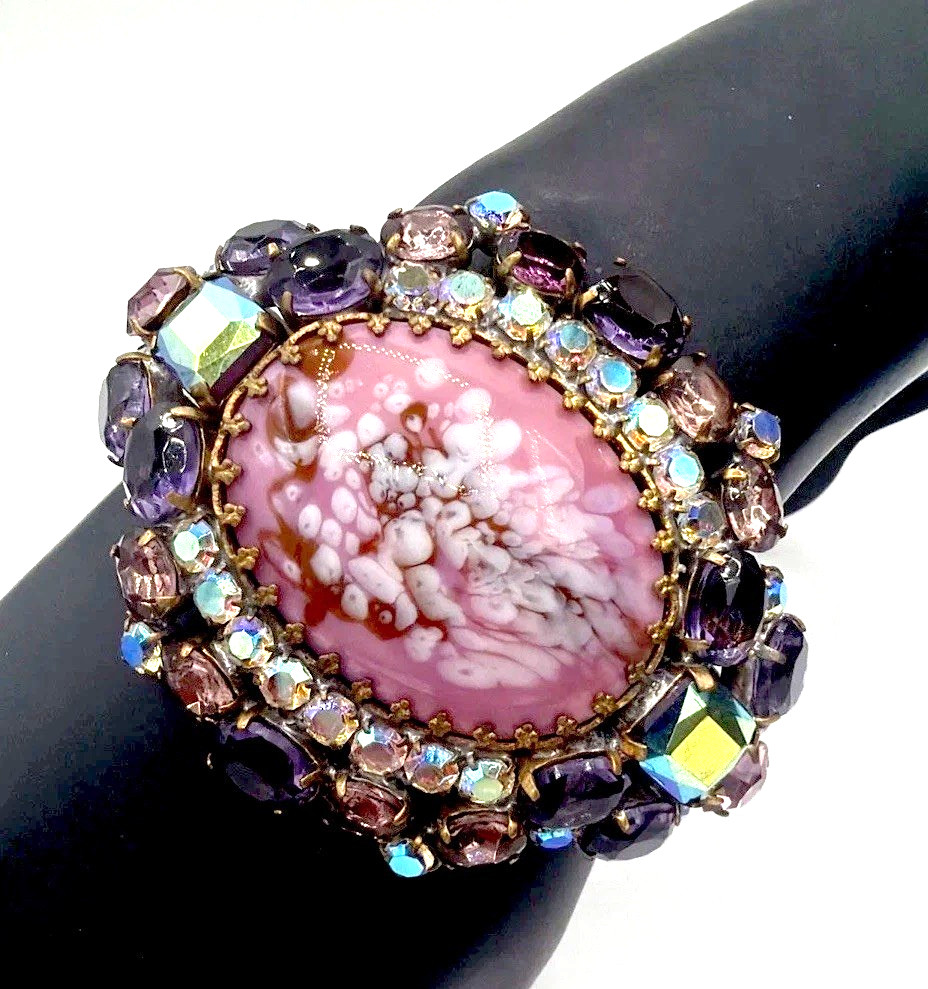 Vintage Husár D Czech Glass Rhinestone Bracelet – Pink Cabochon Statement Signed