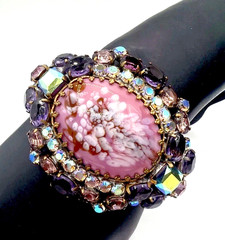 Vintage Husár D Czech Glass Rhinestone Bracelet – Pink Cabochon Statement Signed