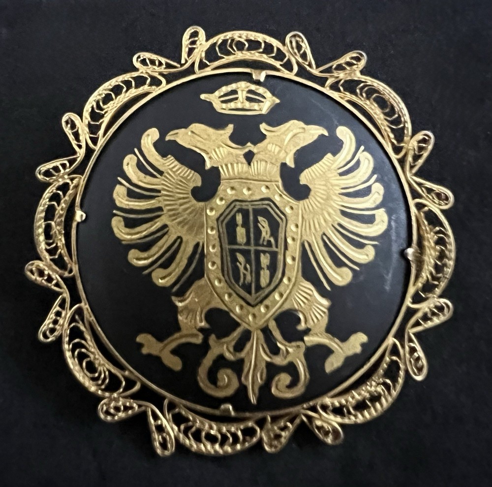 Vintage Toledo Spain Coat Of Arms Damascene Brooch Eagle Trombone Clasp
