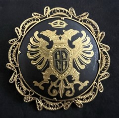 Vintage Toledo Spain Coat Of Arms Damascene Brooch Eagle Trombone Clasp