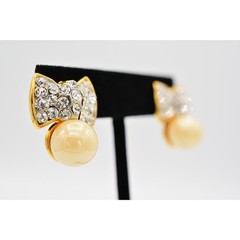 Vintage Crystal Bow Earrings Rhinestone Crystal Pearl Gold Tone 1990s 90s BinAG