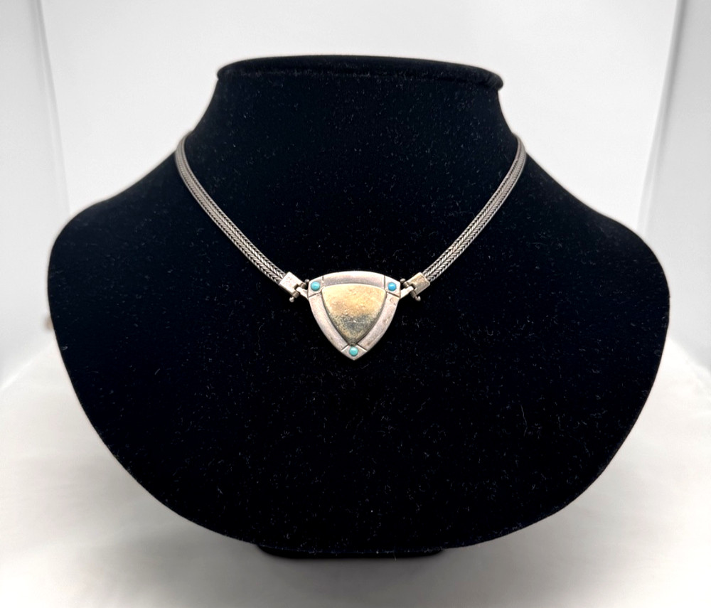 Vintage 925 Silver And Gold Necklace With Turquoise Delicate And Special.