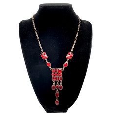 Art Deco Inspired Necklace Bronze Tone Red Lucite Dangles Adjustable 16″ – 19″