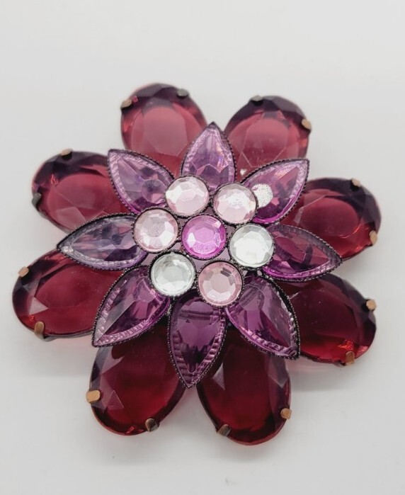Flower Brooch Pin PINK Raspberry tone 2.5 in Art Deco Statement 3D Vintage