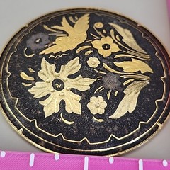 Vintage Damascene Pendant Flowers Birds Round Domed Black Gold Tone 2″
