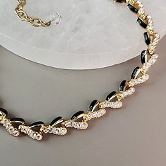 Vintage Swarovski Necklace Black Enamel Clear Crystals Gold Tone 17″