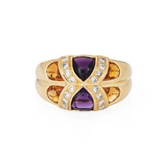 80s Portuguese Ring Amethyst Citrine Diamond 19k Yellow Gold Sz 6.5 Fine Jewelry