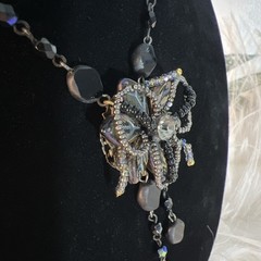Vintage Belladonna Canada Black Iridescent Flower Drop Necklace Gothic Victorian