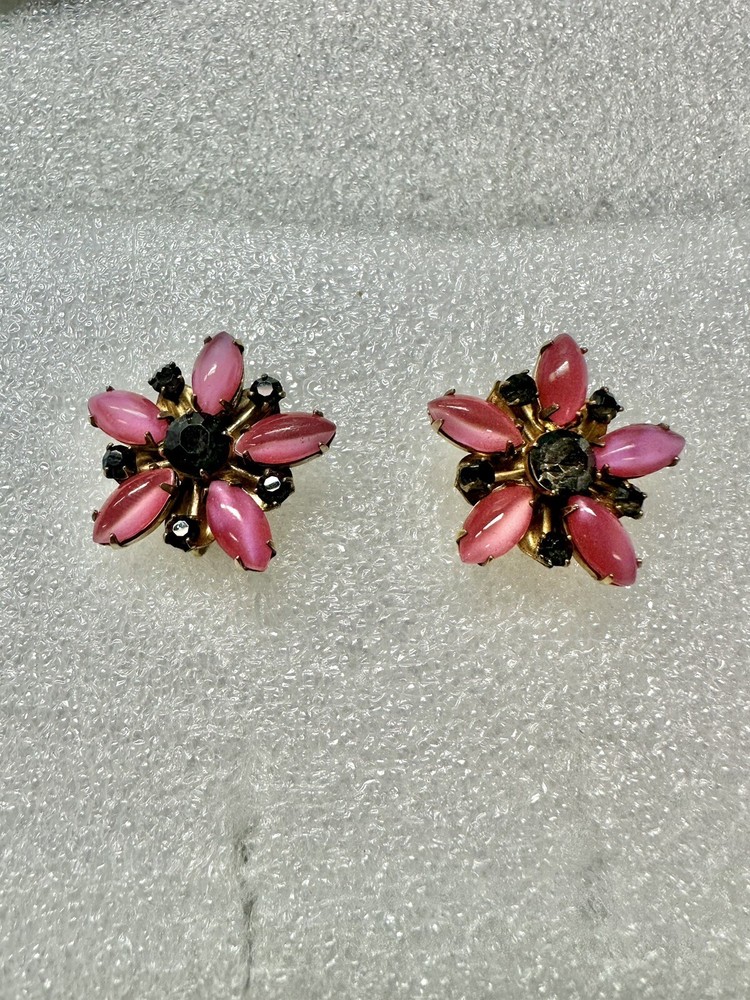 Vintage Jems By JMS 12k GF pink & Cats Eye & Purple Rhinestone Flower Earrings