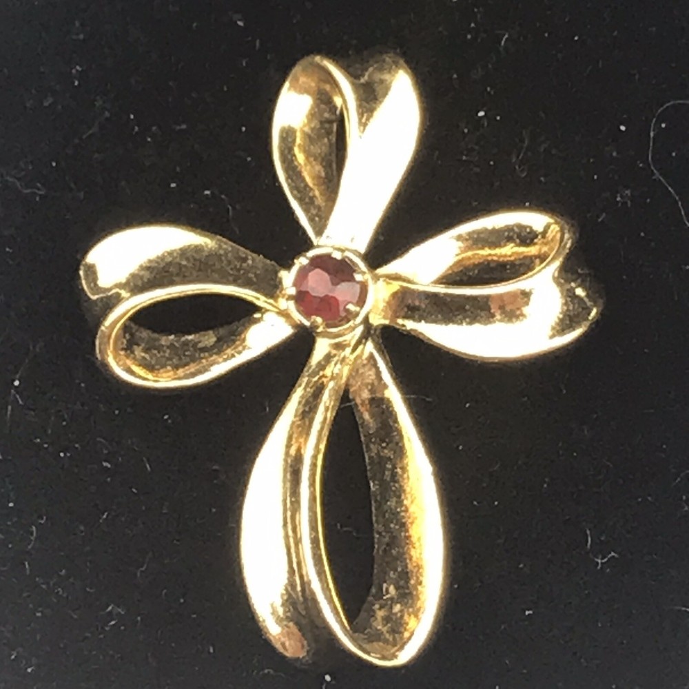 AVON Brooch Pin Goldtone Red Vintage Bow Faceted Gemstone Elegant Classic