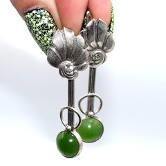 Soviet VTG old Ukraine earrings Sterling SILVER 925 stone green nephritis