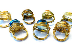 Lot 7 Handmade AB Mystic Topaz Style Glass Bead Brass Wrapped Party Bling Rings
